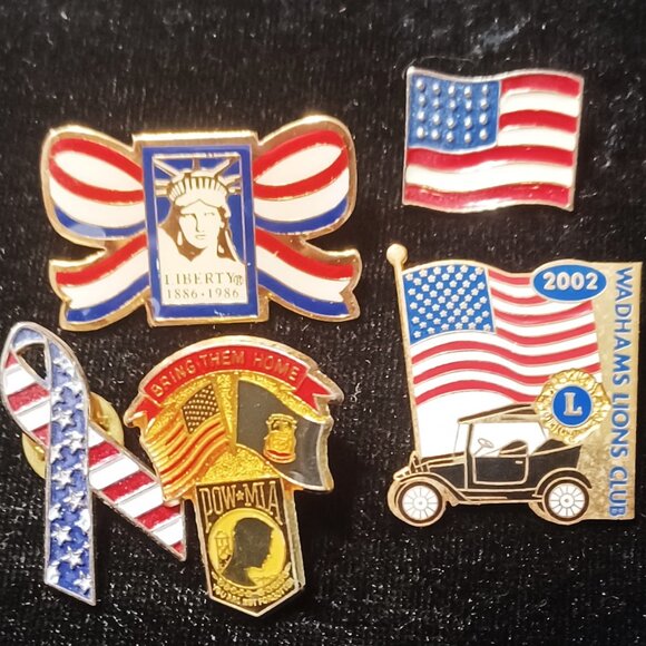 Vintage Patriotic Enamel Lapel Pins Lot Amer. Flag, POW,  Statue of Liberty 1886 - Picture 1 of 5